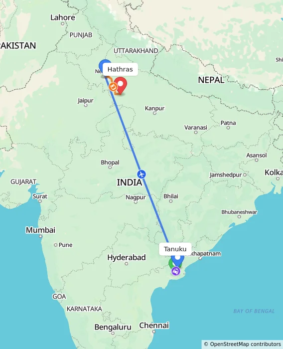 Route map showing distance and travel time from Tanuku, India to Hathras, India