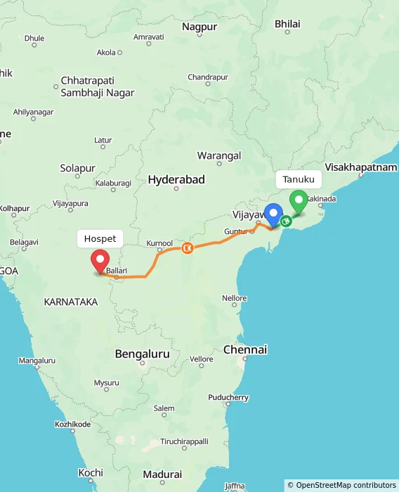 Route map showing distance and travel time from Tanuku, India to Hospet, India
