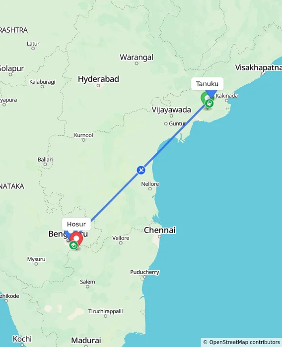 Route map showing distance and travel time from Tanuku, India to Hosur, India