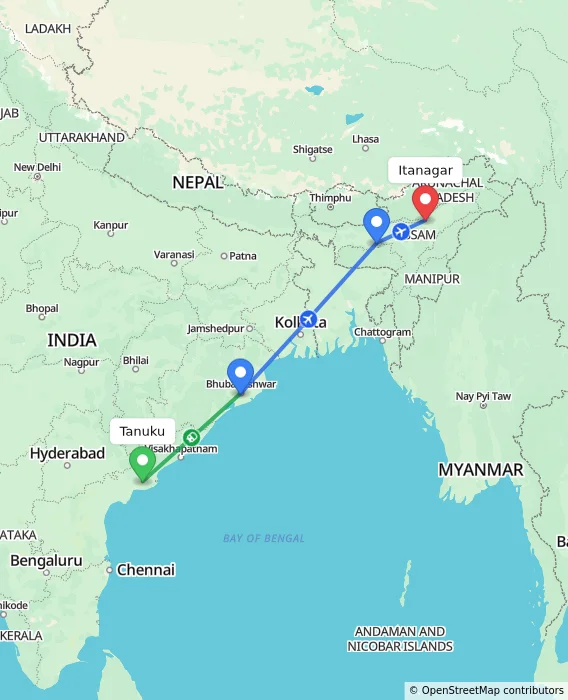 Route map showing distance and travel time from Tanuku, India to Itanagar, India