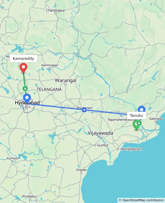 Route map showing distance and travel time from Tanuku, India to Kamareddy, India