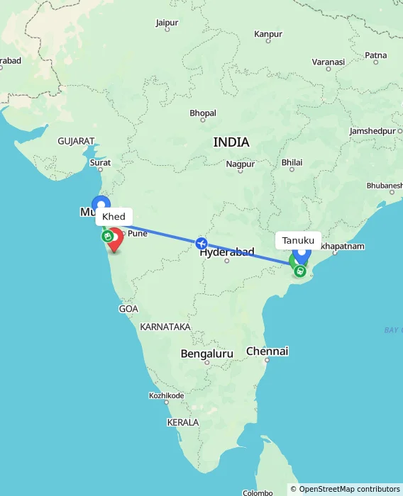Route map showing distance and travel time from Tanuku, India to Khed, India