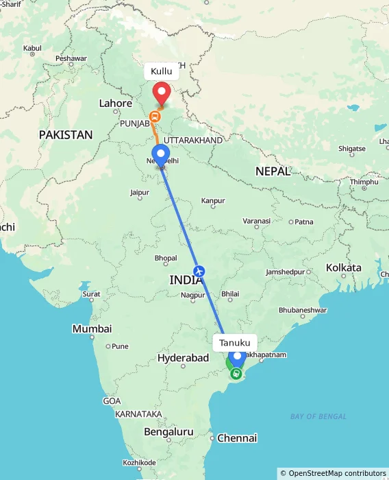 Route map showing distance and travel time from Tanuku, India to Kullu, India