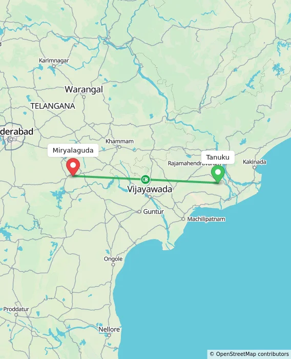 Route map showing distance and travel time from Tanuku, India to Miryalaguda, India