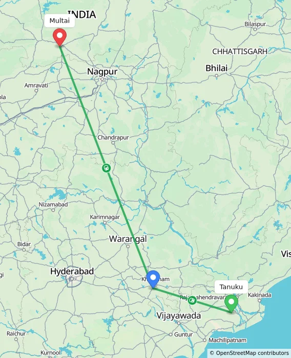 Route map showing distance and travel time from Tanuku, India to Multai, India