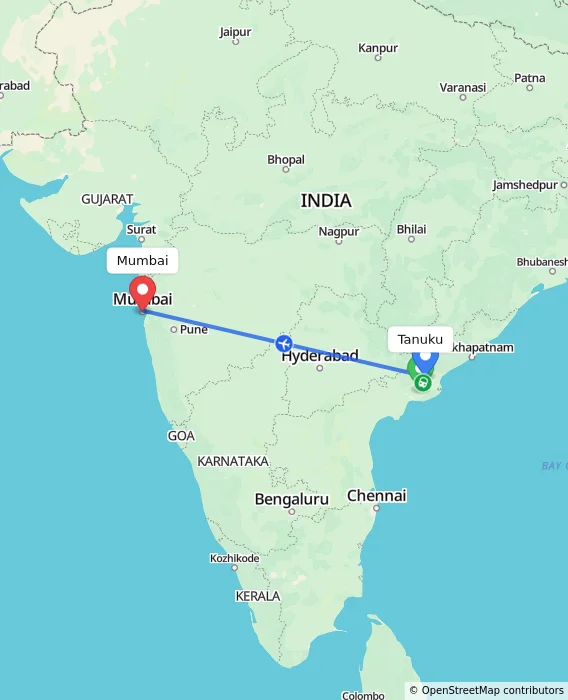 Route map showing distance and travel time from Tanuku, India to Mumbai, India