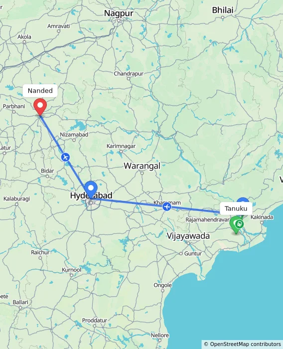 Route map showing distance and travel time from Tanuku, India to Nanded, India