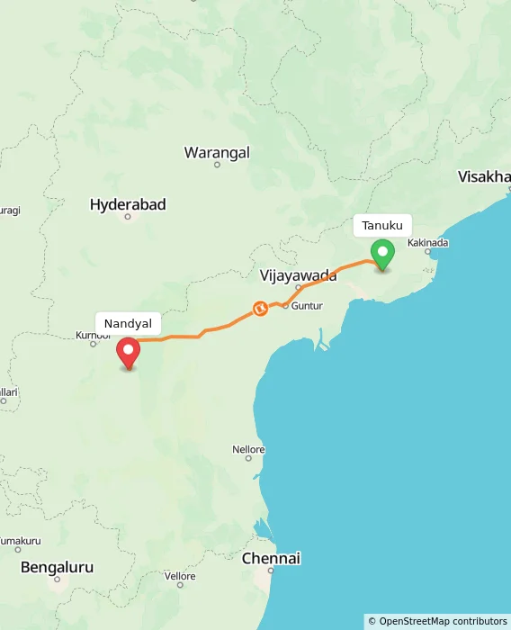Route map showing distance and travel time from Tanuku, India to Nandyal, India
