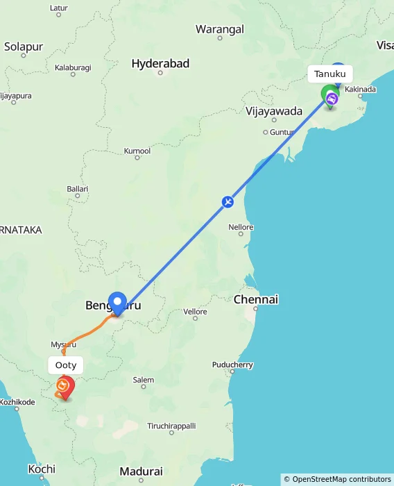 Route map showing distance and travel time from Tanuku, India to Ooty, India