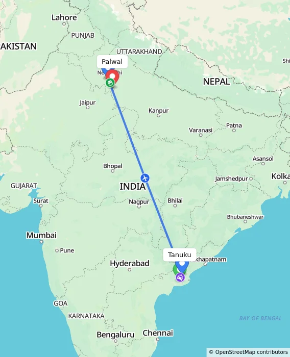 Route map showing distance and travel time from Tanuku, India to Palwal, India