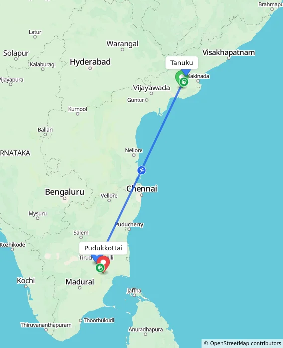 Route map showing distance and travel time from Tanuku, India to Pudukkottai, India