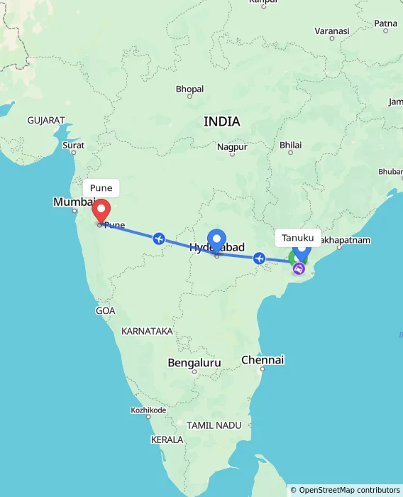 Route map showing distance and travel time from Tanuku, India to Pune, India