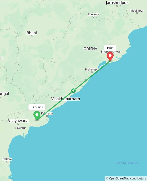 Route map showing distance and travel time from Tanuku, India to Puri, India