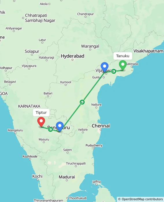 Route map showing distance and travel time from Tanuku, India to Tiptur, India