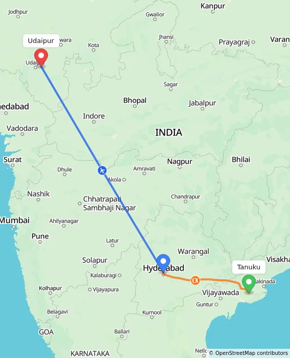 Route map showing distance and travel time from Tanuku, India to Udaipur, India