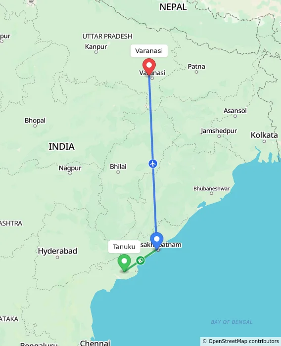 Route map showing distance and travel time from Tanuku, India to Varanasi, India