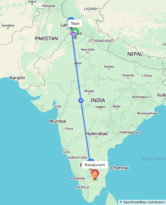 Route map showing distance and travel time from Tapa, India to Rasipuram, India