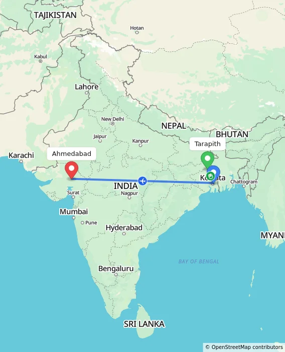 Route map showing distance and travel time from Tarapith, India to Ahmedabad, India