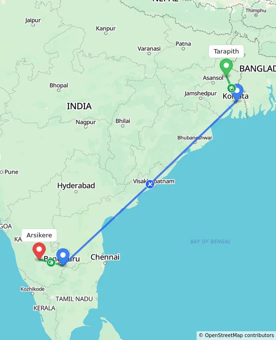 Route map showing distance and travel time from Tarapith, India to Arsikere, India