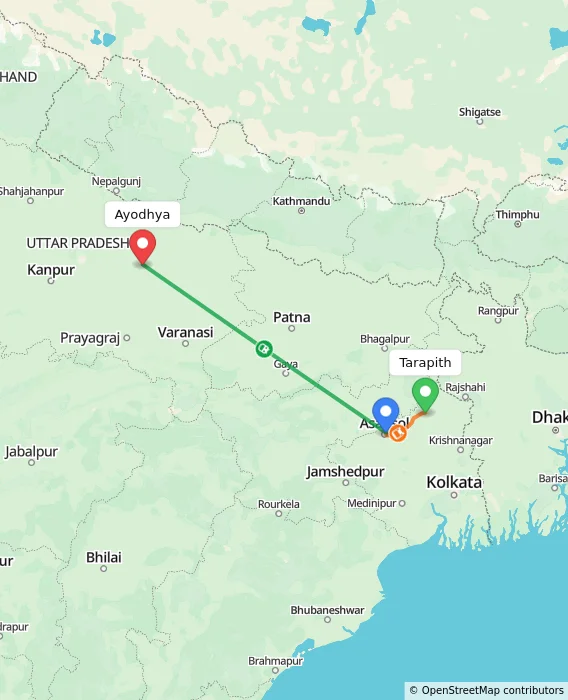 Route map showing distance and travel time from Tarapith, India to Ayodhya, India