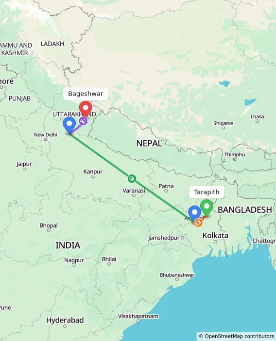Route map showing distance and travel time from Tarapith, India to Bageshwar, India