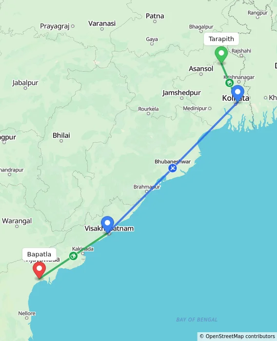 Route map showing distance and travel time from Tarapith, India to Bapatla, India