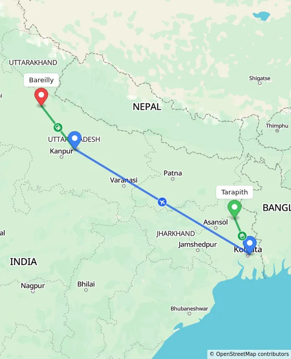 Route map showing distance and travel time from Tarapith, India to Bareilly, India
