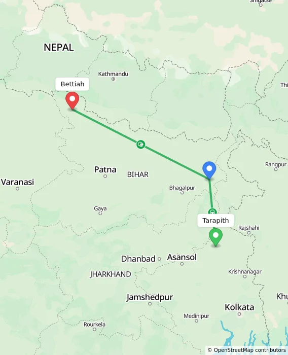 Route map showing distance and travel time from Tarapith, India to Bettiah, India