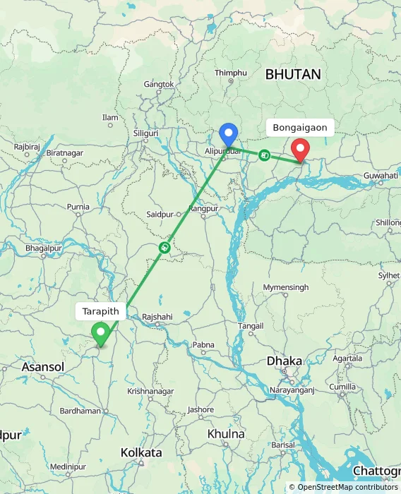 Route map showing distance and travel time from Tarapith, India to Bongaigaon, India