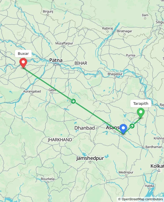 Route map showing distance and travel time from Tarapith, India to Buxar, India