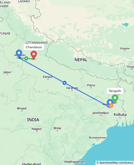 Route map showing distance and travel time from Tarapith, India to Chandausi, India