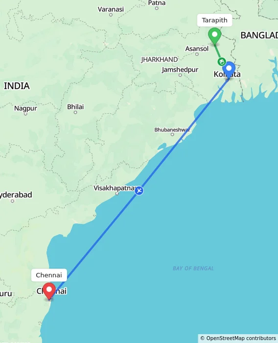 Route map showing distance and travel time from Tarapith, India to Chennai, India