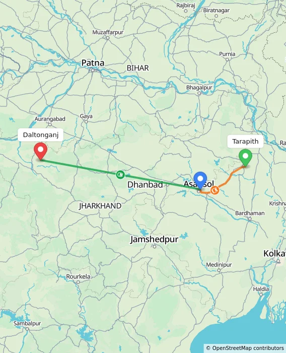 Route map showing distance and travel time from Tarapith, India to Daltonganj, India