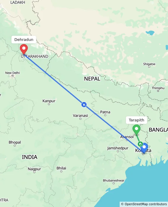 Route map showing distance and travel time from Tarapith, India to Dehradun, India