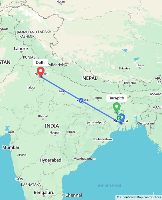 Route map showing distance and travel time from Tarapith, India to Delhi, India