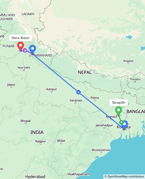 Route map showing distance and travel time from Tarapith, India to Dera Bassi, India
