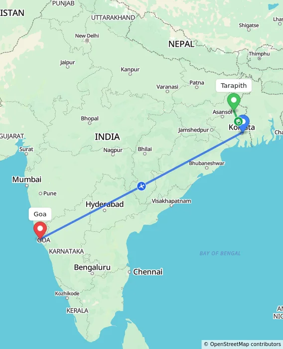Route map showing distance and travel time from Tarapith, India to Goa, India