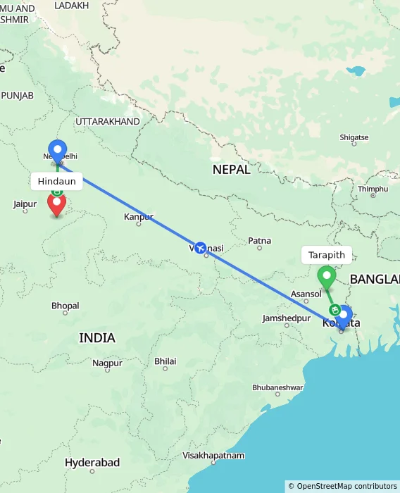 Route map showing distance and travel time from Tarapith, India to Hindaun, India