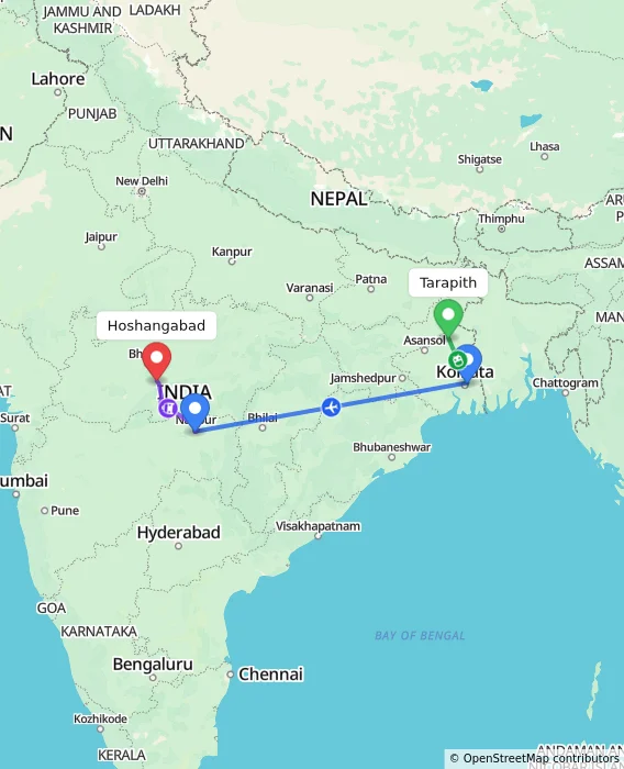 Route map showing distance and travel time from Tarapith, India to Hoshangabad, India