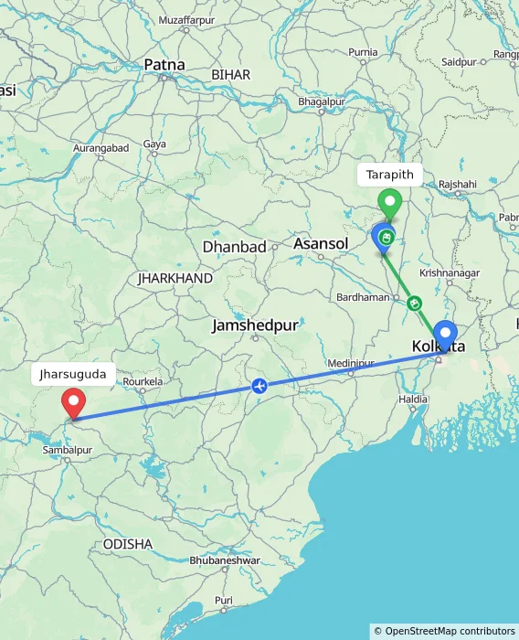 Route map showing distance and travel time from Tarapith, India to Jharsuguda, India