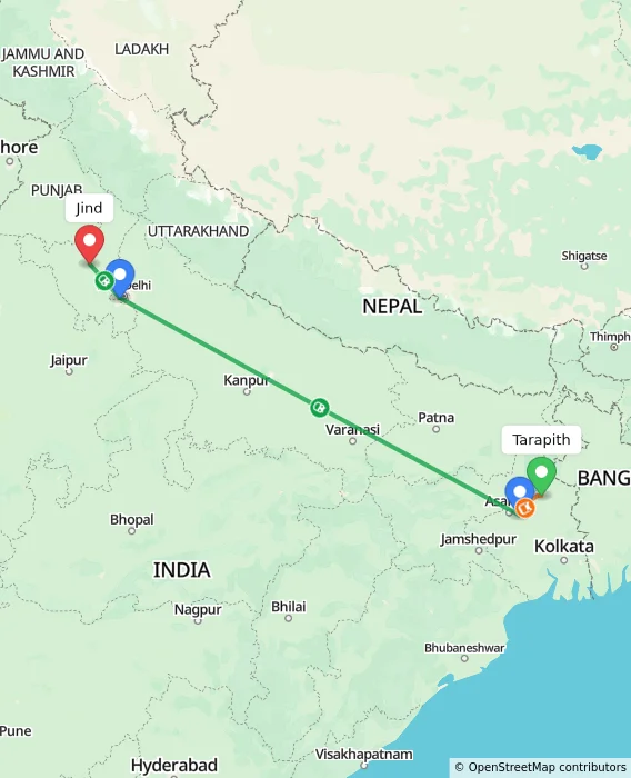 Route map showing distance and travel time from Tarapith, India to Jind, India