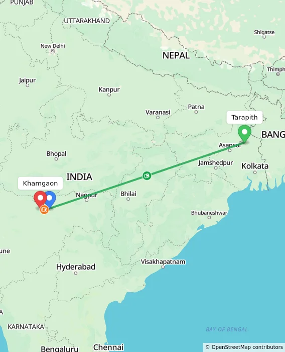 Route map showing distance and travel time from Tarapith, India to Khamgaon, India
