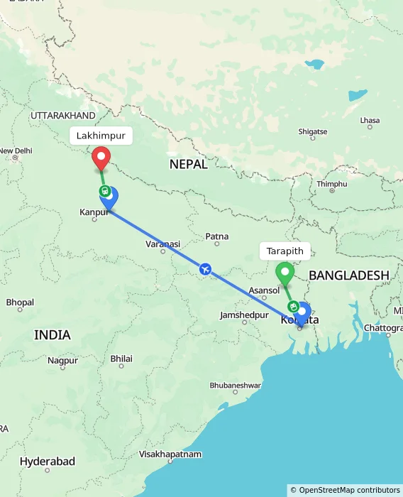 Route map showing distance and travel time from Tarapith, India to Lakhimpur, India