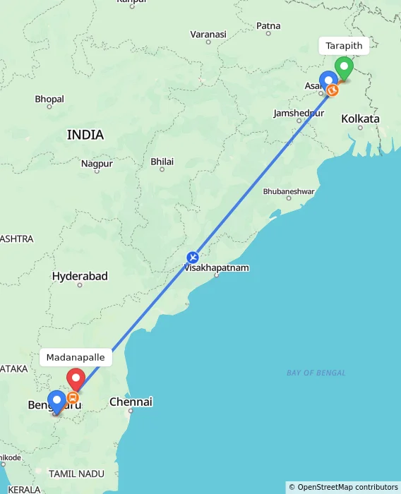 Route map showing distance and travel time from Tarapith, India to Madanapalle, India