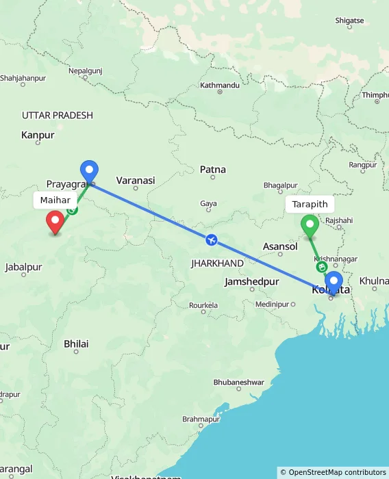 Route map showing distance and travel time from Tarapith, India to Maihar, India