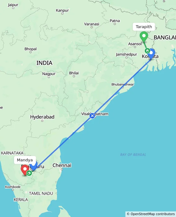 Route map showing distance and travel time from Tarapith, India to Mandya, India
