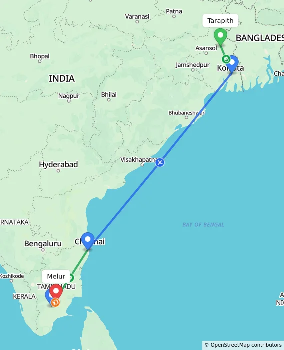 Route map showing distance and travel time from Tarapith, India to Melur, India