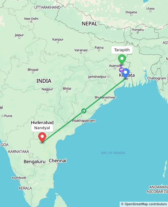 Route map showing distance and travel time from Tarapith, India to Nandyal, India
