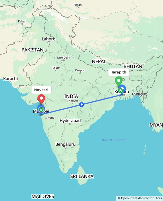 Route map showing distance and travel time from Tarapith, India to Navsari, India