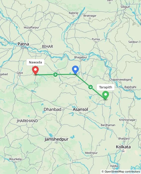 Route map showing distance and travel time from Tarapith, India to Nawada, India